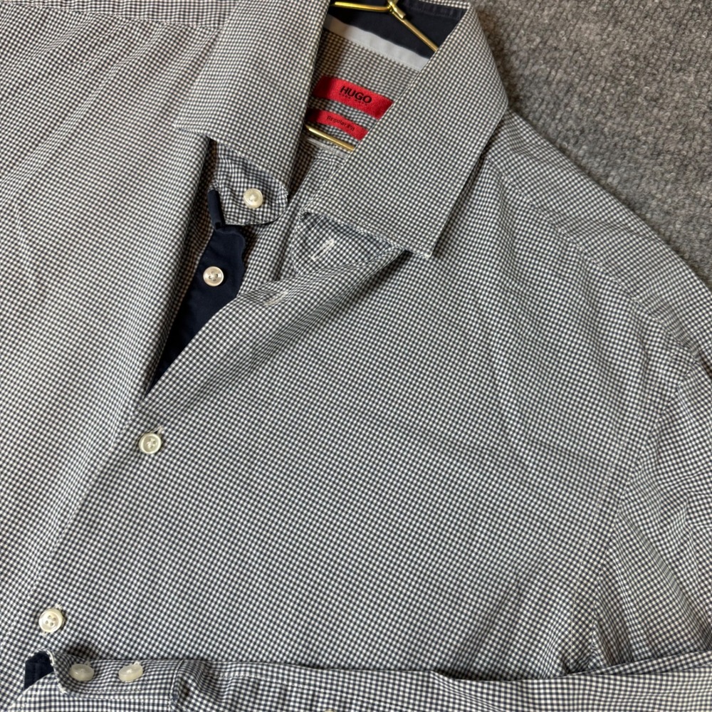 HUGO Hugo Boss Mens 16.5 42 Regular Fit Navy White Gingham Button Down Shirt